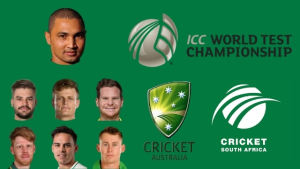 ICC World Test Championship graphic featuring logos of Cricket Australia and Cricket South Africa, with headshots of key players from both teams.
