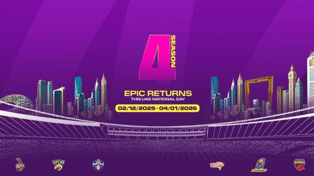 Promotional graphic for International League T20 Season 4 featuring UAE skyline and tournament dates from December 2, 2025 to January 4, 2026.