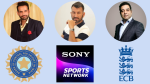 Irfan Pathan, Cheteshwar Pujara, and Rajesh Kaul pictured alongside logos of Sony Sports Network, BCCI, and ECB on a light blue background.