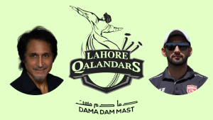Lahore Qalandars logo centered with Ramiz Raja on the left and Sikandar Raza on the right, set against a light green background with the team slogan "Dama Dam Mast" below.