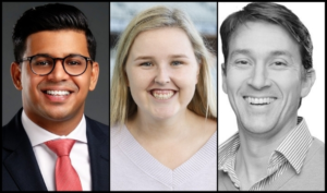 Professional LinkedIn headshots of Arjun Jayal, Jacqui Lawson, and Nick Denning arranged side by side.