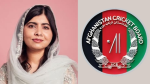 Malala Yousafzai in traditional attire beside the logo of the Afghanistan Cricket Board on a split pink and gray background.