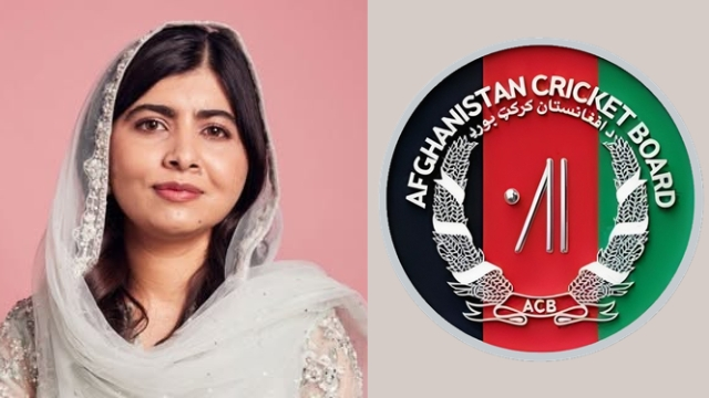 Malala Yousafzai in traditional attire beside the logo of the Afghanistan Cricket Board on a split pink and gray background.