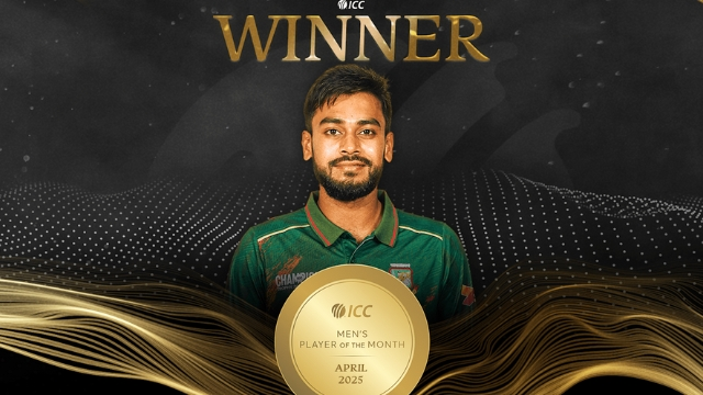 Mehidy Hasan Miraz named ICC Men’s Player of the Month for April 2025, posing with a winner graphic and gold medal design.