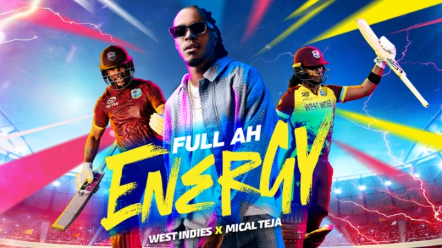Mical Teja with West Indies cricketers in vibrant stadium background promoting team anthem "Full Ah Energy".