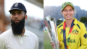 Collage featuring England cricketer Moeen Ali in Test attire and Australian captain Meg Lanning holding the ICC Women's T20 World Cup trophy.