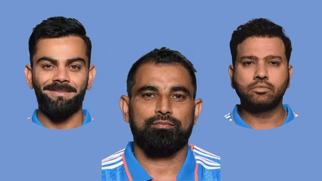 Mohammed Shami, Virat Kohli, and Rohit Sharma in Team India jerseys on a blue background