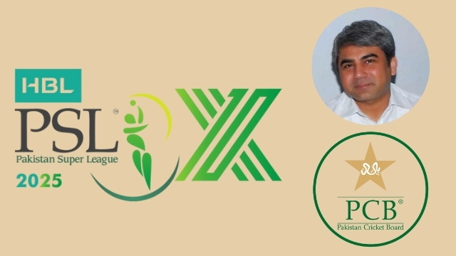 Mohsin Naqvi with Pakistan Super League 2025 and Pakistan Cricket Board logos, representing PCB leadership and PSL 2025 preparations.