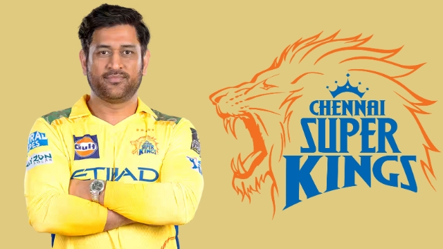 MS Dhoni in Chennai Super Kings jersey standing in front of the team's roaring lion logo, representing the IPL franchise.