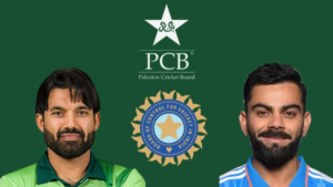 Pakistani cricketer Muhammad Rizwan and Indian cricketer Virat Kohli with PCB and BCCI logos on a green background.