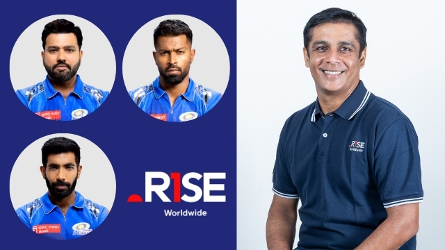 Nikhil Bardia, Head of RISE Worldwide, alongside headshots of Mumbai Indians cricketers Rohit Sharma, Jasprit Bumrah, and Hardik Pandya with RISE Worldwide branding.