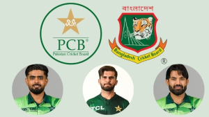 Logos of Pakistan Cricket Board and Bangladesh Cricket Board with Pakistani cricketers Babar Azam, Shaheen Shah Afridi, and Muhammad Rizwan below.