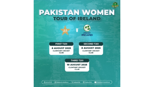 Official schedule graphic for Pakistan Women’s cricket team tour of Ireland in August 2025, listing T20I matches on 6th, 8th, and 10th August at Clontarf Cricket Club.
