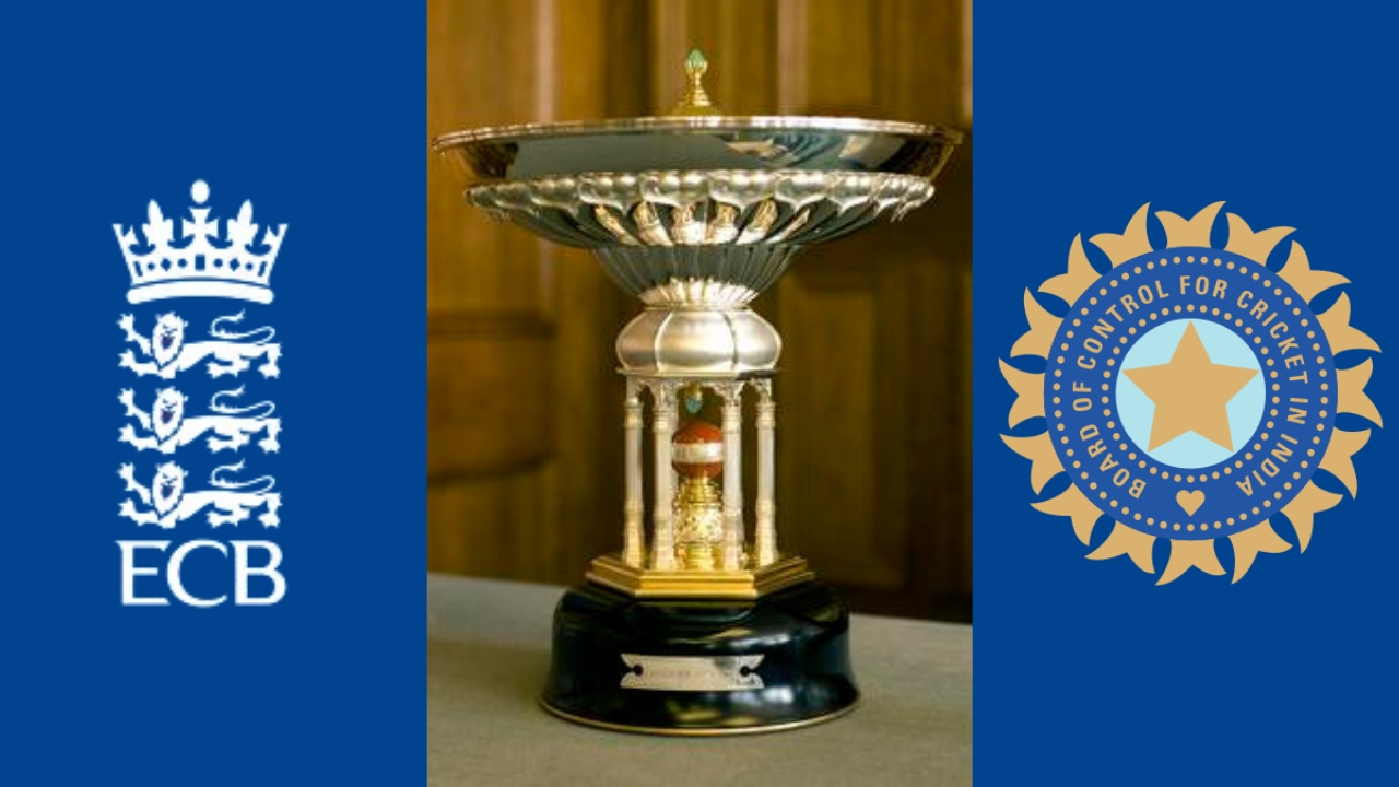 The Pataudi Trophy displayed between the logos of the England and Wales Cricket Board (ECB) and the Board of Control for Cricket in India (BCCI), symbolizing the England-India Test series.