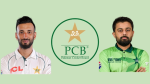 Pakistan Cricket Board (PCB) logo with cricketers Shan Masood in Test jersey and Saud Shakeel in ODI kit on a light green background.