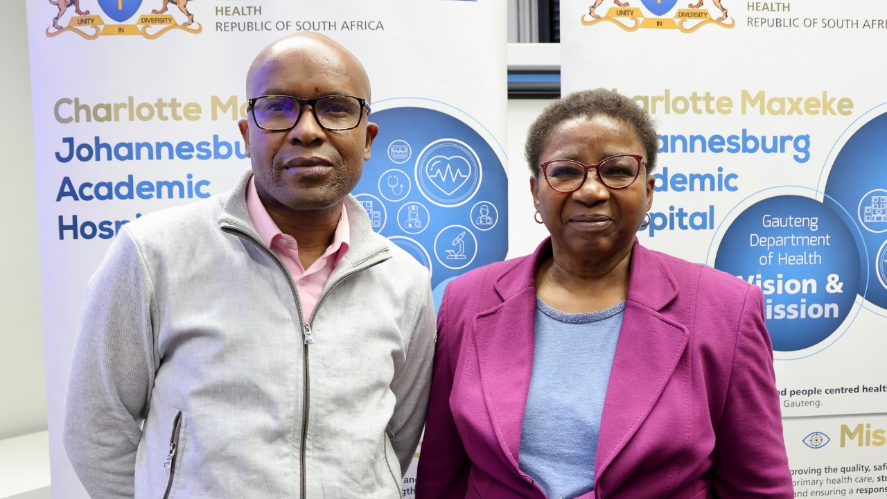 CSA CEO Pholetsi Moseki and Charlotte Maxeke Johannesburg Academic Hospital CEO Gladys Bogoshi pose together at a hospital event in South Africa.