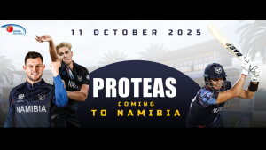 Namibian cricket players in action with promotional banner announcing Proteas tour to Namibia on 11 October 2025.