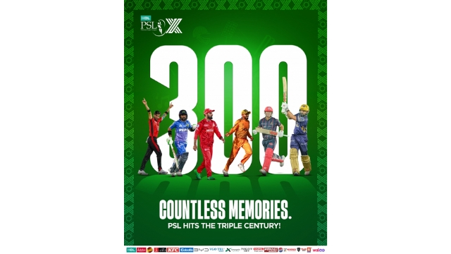 PSL 10 team captains celebrating 300 matches milestone of the Pakistan Super League with PSL logo and “Countless Memories” graphic on a green background.