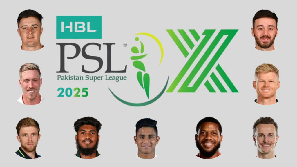 HBL PSL 2025 (Season 10) logo with headshots of various international cricketers featured around it, highlighting the upcoming Pakistan Super League season.