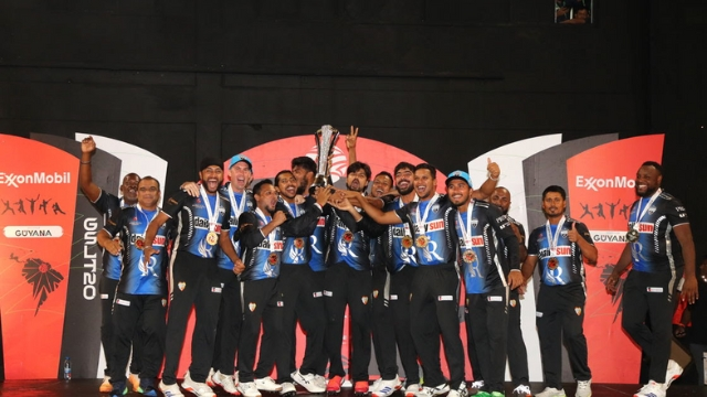 Rangpur Riders celebrate with the trophy after winning the ExxonMobil Guyana Global Super League (GSL) 2025.