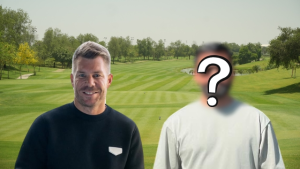 David Warner and Mohammad Hafeez with blurred faces standing on the Raya Golf Course, with a clear view of the lush green fairway and trees in the background.