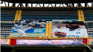 Large banners of Rohit Sharma displayed at the newly named Rohit Sharma Stand in Wankhede Stadium, honoring the Indian cricket captain.