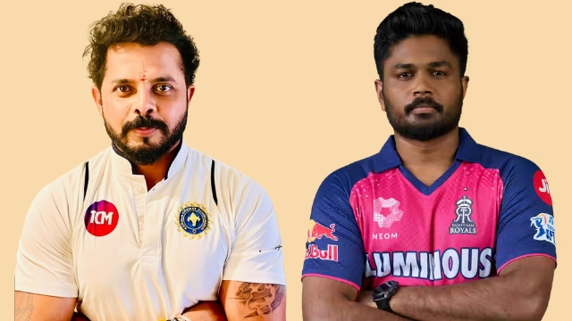Indian cricketers S. Sreesanth in a white jersey and Sanju Samson in a Rajasthan Royals IPL jersey standing side by side against a beige background.