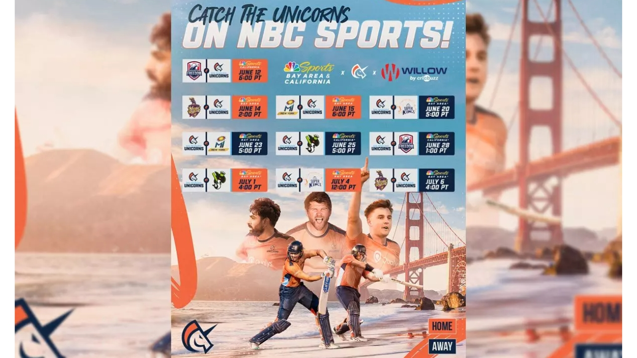 San Francisco Unicorns 2024 Major League Cricket schedule poster featuring match dates and NBC Sports broadcast details.