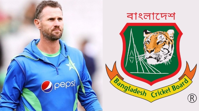 Shaun Tait in Pakistan team attire next to the Bangladesh Cricket Board logo, possibly indicating a coaching role.