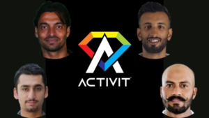 Headshots of Shoaib Akhtar, Shan Masood, Sajid Khan, and Salman Ali Agha surrounding the Activit logo, highlighting a brand collaboration in 2025.
