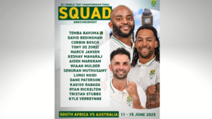 South Africa squad announcement for the ICC World Test Championship Final 2025 featuring Temba Bavuma, Keshav Maharaj, and Tony De Zorzi.