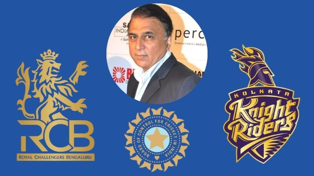 Sunil Gavaskar with logos of Royal Challengers Bengaluru, Kolkata Knight Riders, and BCCI in the background, related to IPL 2025 discussion.