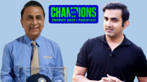Sunil Gavaskar and Gautam Gambhir featured with the ICC Champions Trophy 2025 Pakistan logo in the background.