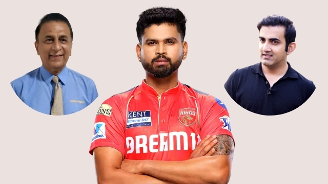 Shreyas Iyer in a Kings XI Punjab jersey standing with arms crossed, flanked by circular portraits of Sunil Gavaskar and Gautam Gambhir.