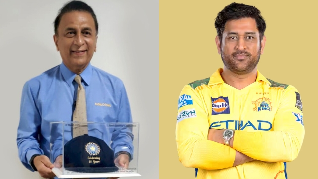 Sunil Gavaskar holding a commemorative cap and MS Dhoni in Chennai Super Kings jersey, symbolizing Indian cricket legacy and tribute moments in 2025.