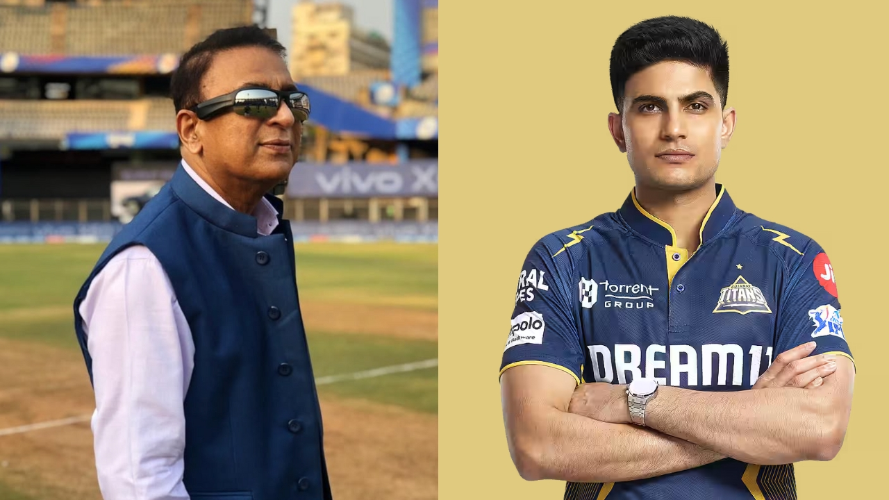 Sunil Gavaskar at a cricket stadium and Shubman Gill in Gujarat Titans jersey, representing different generations of Indian cricket excellence.