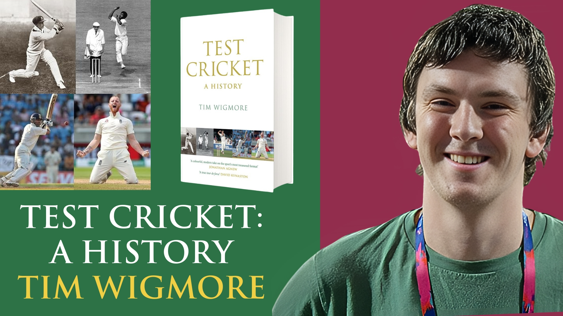 Author Tim Wigmore with his book "Test Cricket: A History," alongside historic and modern photos of cricketers in action.