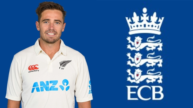 Tim Southee in New Zealand Test cricket jersey standing next to the England and Wales Cricket Board (ECB) logo.