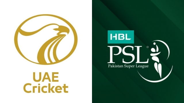 Side-by-side logos of UAE Cricket and the Pakistan Super League (PSL), featuring the golden falcon emblem and PSL branding on a green background.