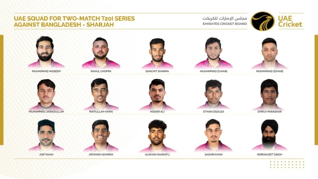 Headshots of UAE men's cricket team squad announced for the two-match T20I series against Bangladesh in Sharjah, released by Emirates Cricket Board.