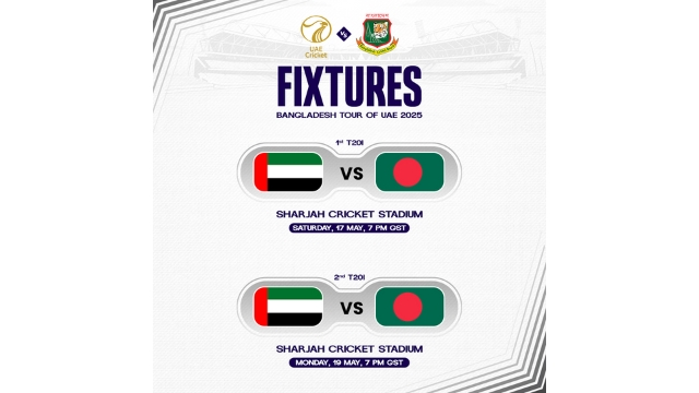Fixtures poster for UAE vs Bangladesh T20I series 2025 at Sharjah Cricket Stadium, showing match dates and national flags.
