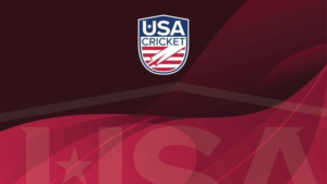 Official USA Cricket logo displayed on a maroon background, representing the national governing body for cricket in the United States.