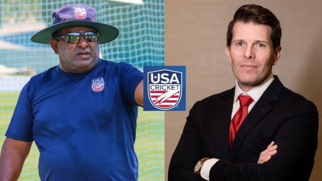 Pubudu Dassanayake in USA Cricket training gear and Jonathan Atkeison in a suit, with USA Cricket logo between them, representing leadership roles.