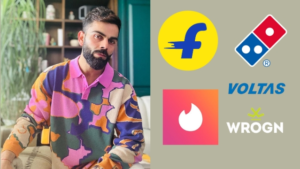 Virat Kohli in colorful casual wear next to logos of Flipkart, Wrogn, Domino’s, Voltas, and Tinder, highlighting his brand endorsements.