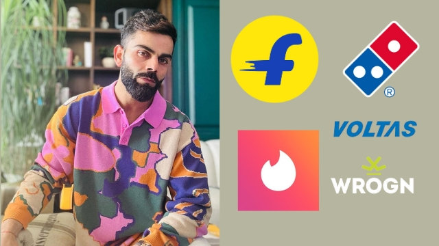 Virat Kohli in colorful casual wear next to logos of Flipkart, Wrogn, Domino’s, Voltas, and Tinder, highlighting his brand endorsements.