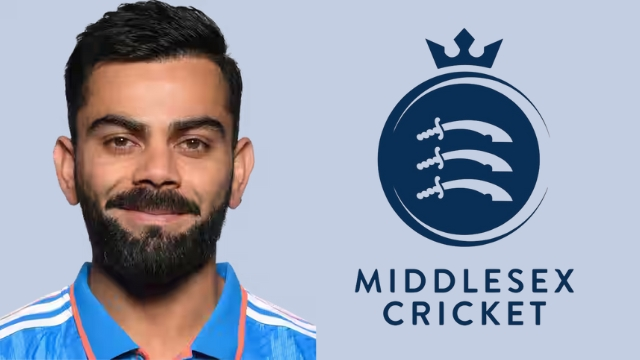 Indian cricketer Virat Kohli next to the Middlesex Cricket logo on a light blue background.