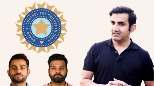 Virat Kohli, Rohit Sharma, and Gautam Gambhir with the BCCI logo on a light background
