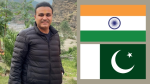 Former Indian cricketer Virender Sehwag standing outdoors with the national flags of India and Pakistan displayed side by side, symbolizing the cricket rivalry between the two nations.