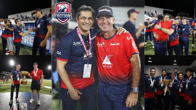 Dhiraj Malhotra and Ricky Ponting celebrate with Washington Freedom team after winning the MLC trophy at night-time stadium event.