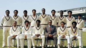 West Indies cricket team posing for a group photo during the 1975 Cricket World Cup, wearing vintage cream uniforms with maroon trim.